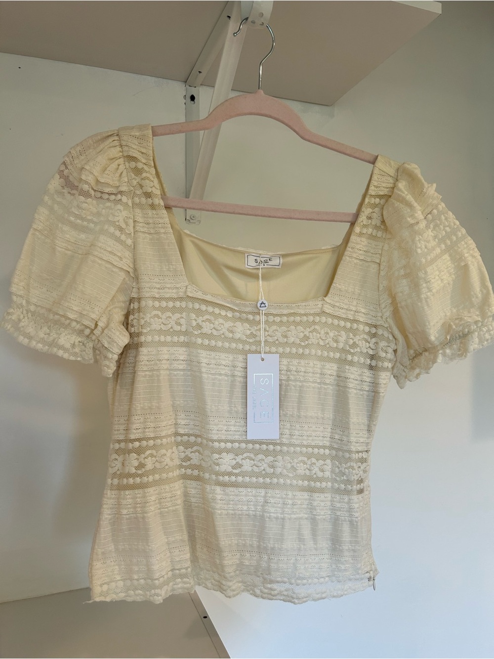 Lace-Trim Square Neck Puff Sleeve Top - Cream